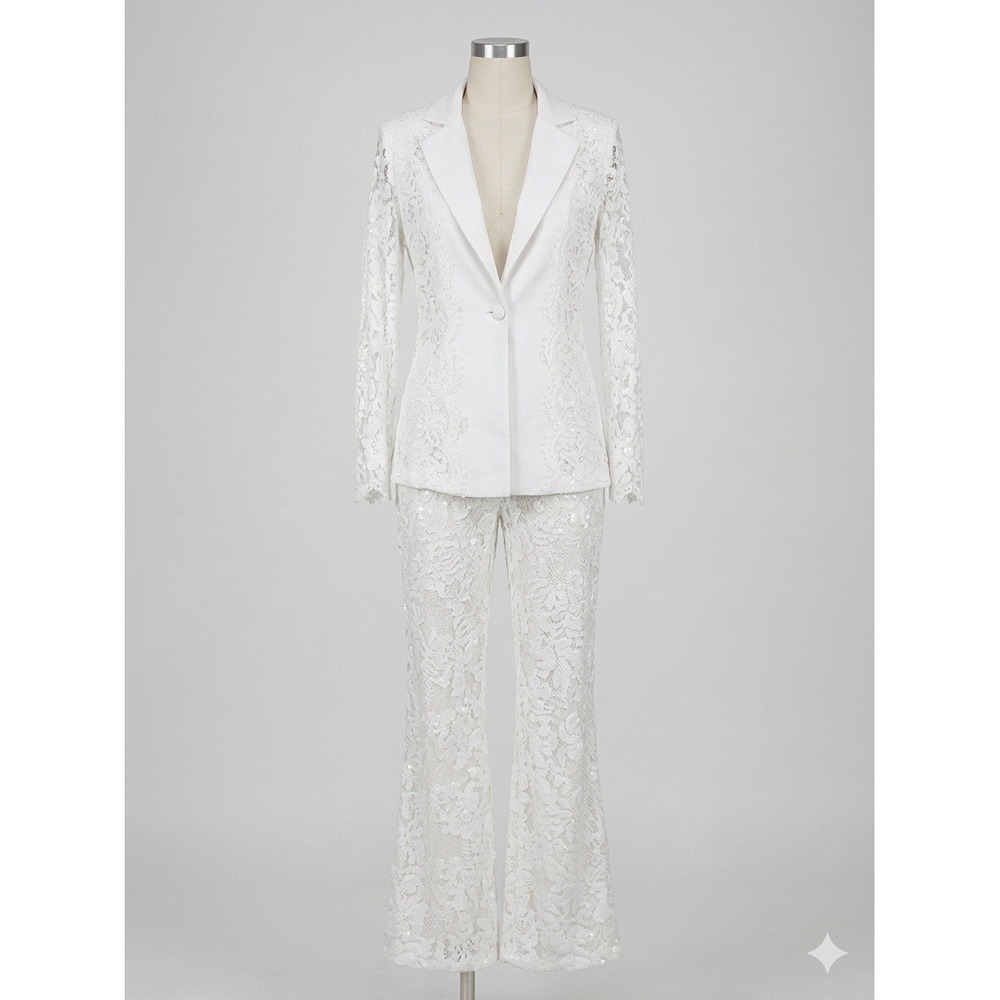 12th Tribe Lace Pantsuit Set White Sequin Blazer Pants L Large Batchlorette